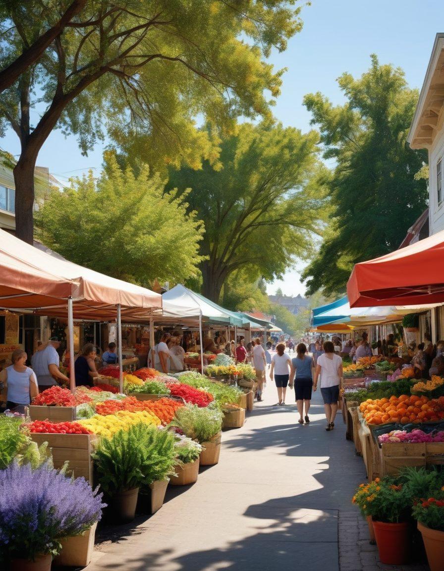 A vibrant neighborhood scene showcasing diverse community services like a farmer's market, a community center, and local vendors. Include people of different ages engaging with each other, surrounded by blooming flowers and greenery to represent opportunity and growth. The buildings should reflect various architectural styles, symbolizing a rich local culture. Use a warm color palette to evoke a sense of community and friendliness. super-realistic. vibrant colors.