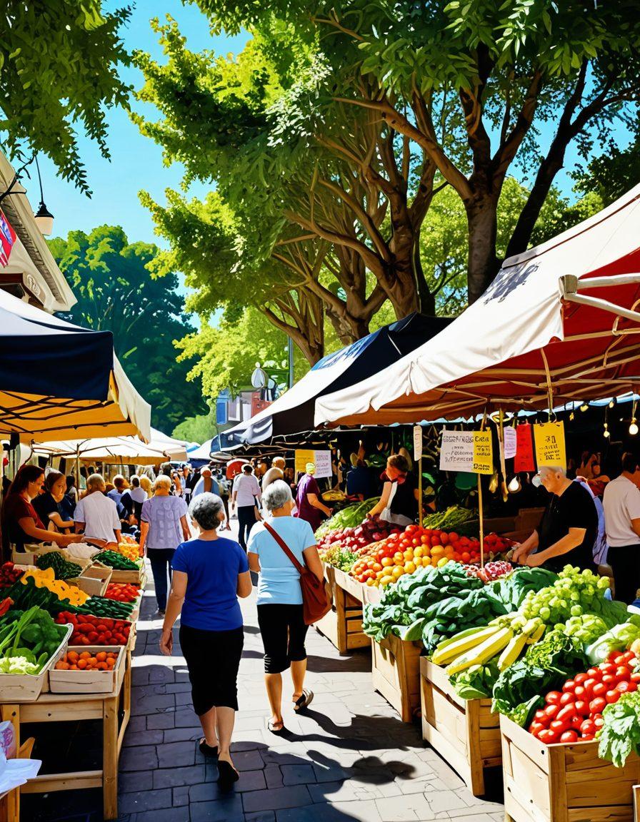 A bustling local marketplace filled with colorful stalls showcasing fresh produce, handmade crafts, and community vendors interacting with happy customers. In the foreground, a large welcome banner reads 'Community Tenders'. The background features a sunny day with trees and people of diverse backgrounds, creating a vibrant, inviting atmosphere. super-realistic. vibrant colors. natural light.
