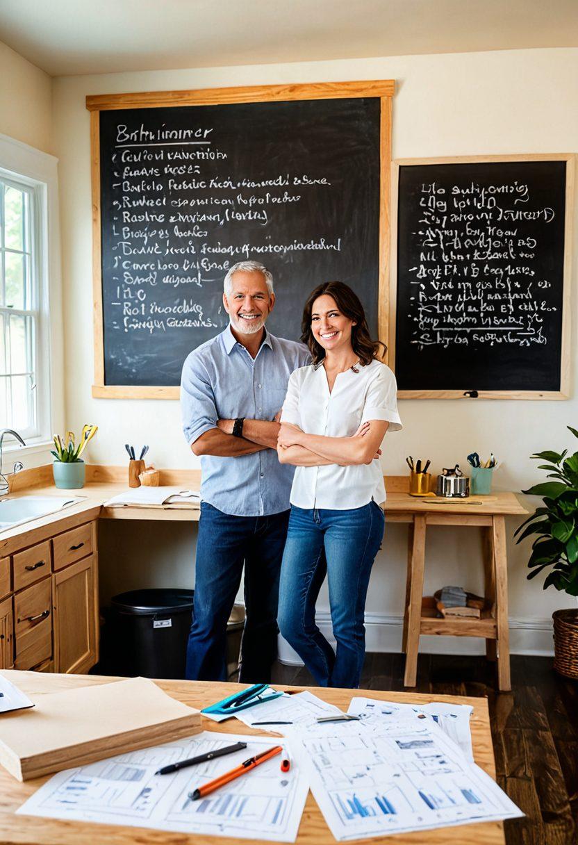 A cozy home interior showcasing a variety of home improvement tools and materials, with a friendly contractor discussing plans with a homeowner. In the background, a chalkboard filled with local service providers' names and bid details. Warm lighting adds a welcoming vibe. Realistic textures and a soft color palette enhance the inviting atmosphere. super-realistic. warm colors. vibrant background.